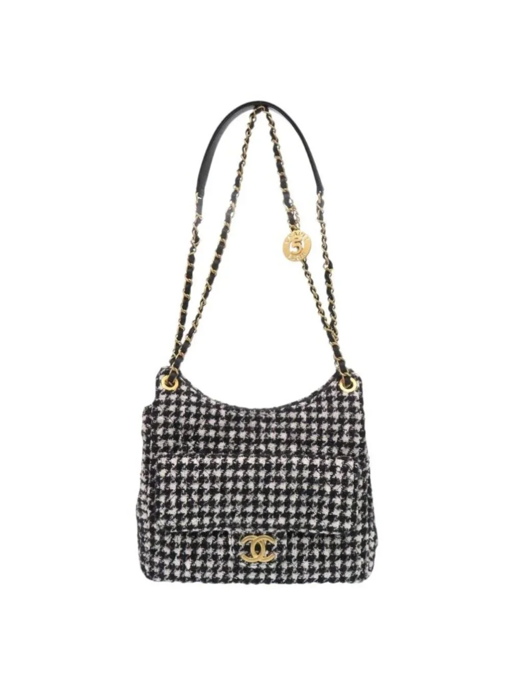 Chanel CC Logo Hobo Tweed Black Shoulder Bag Random Plate Gold White
